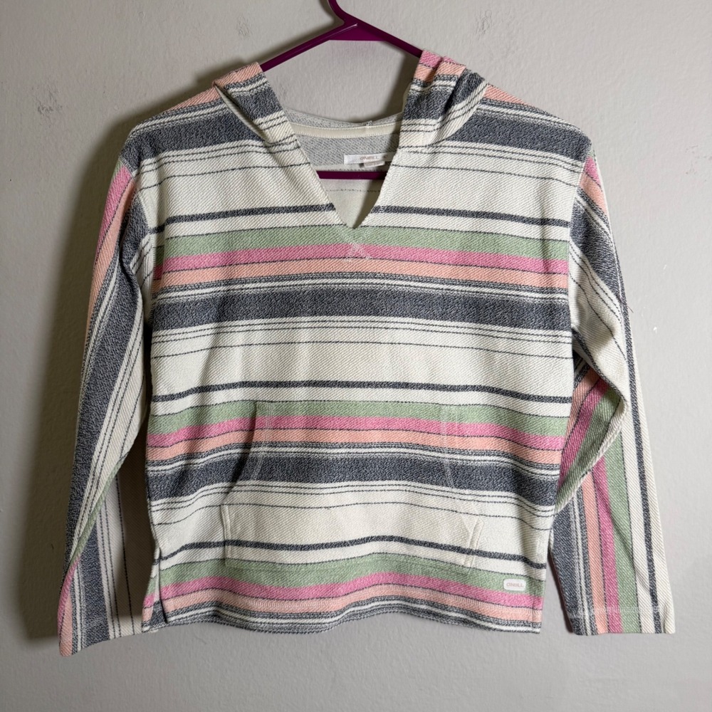 ONeill Womens Striped Baja Hoodie V-Neck Kangaroo Pocket Pink Green Medium